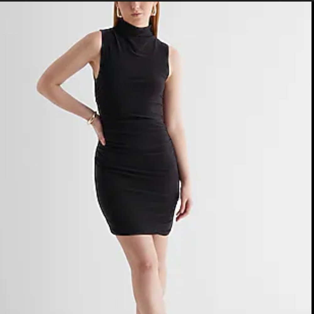 Express Mock Neck Sleeveless Ruched Black Mini Sleeveless Dress